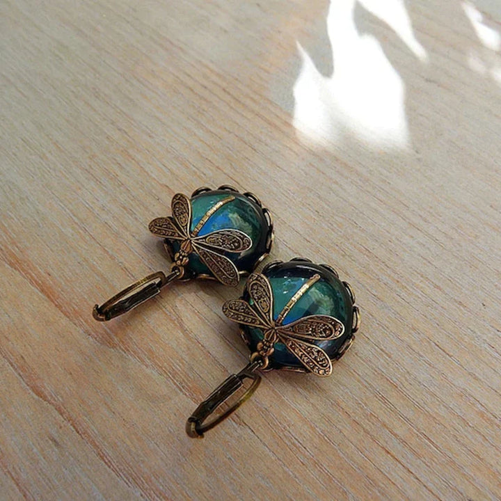 Diseño libélula – Pendientes en oro antiguo con cristal